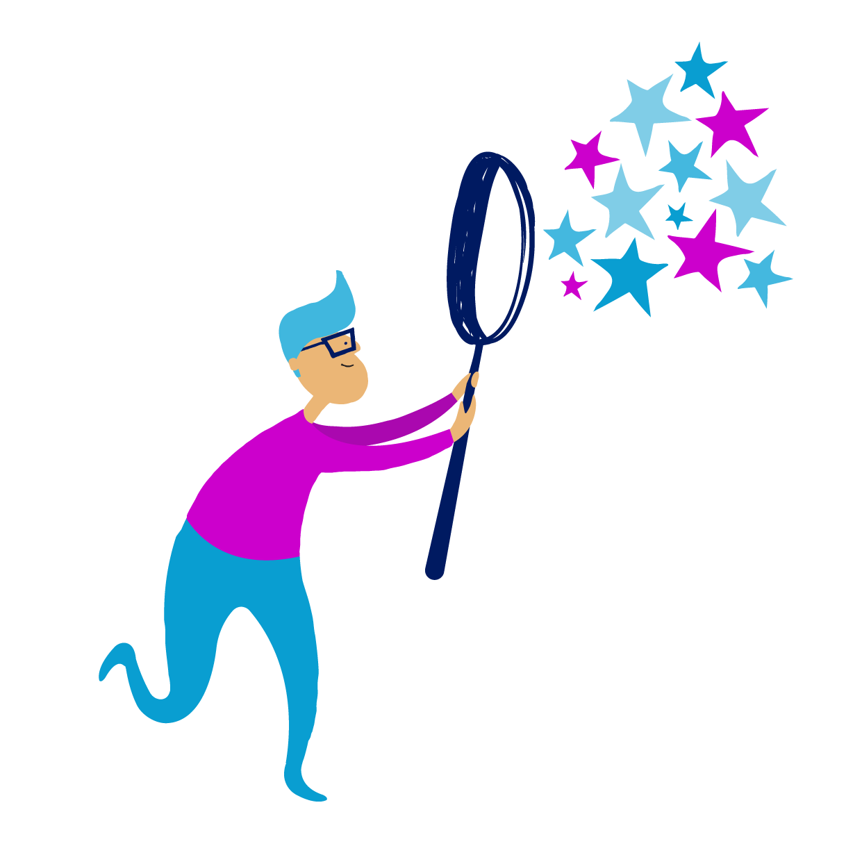 Illustration of a person holding a magnifying glass catching stars